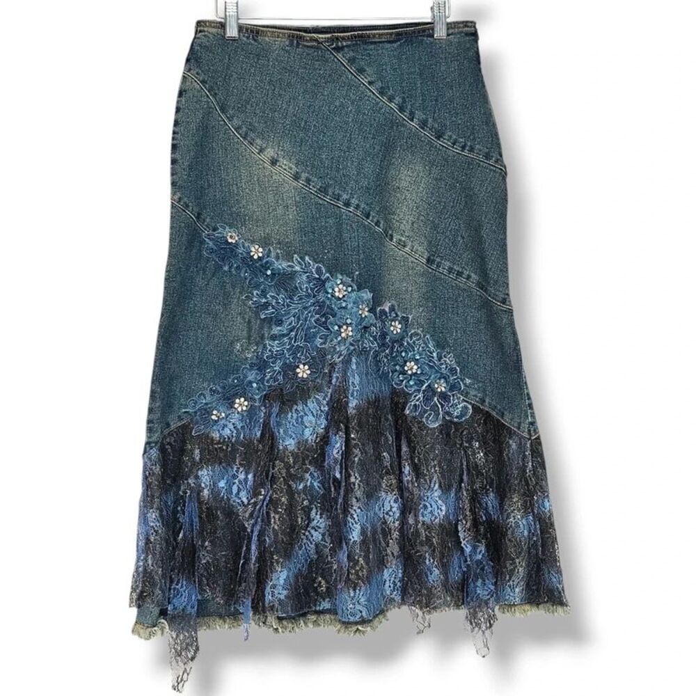 West 36th New York Vintage 90s Y2K Fairy Lace Trim Medium Denim Midi Skirt